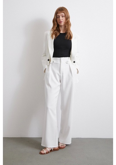 Never More Bel Detaylı Wide Leg Pantolon Ekru Ekru