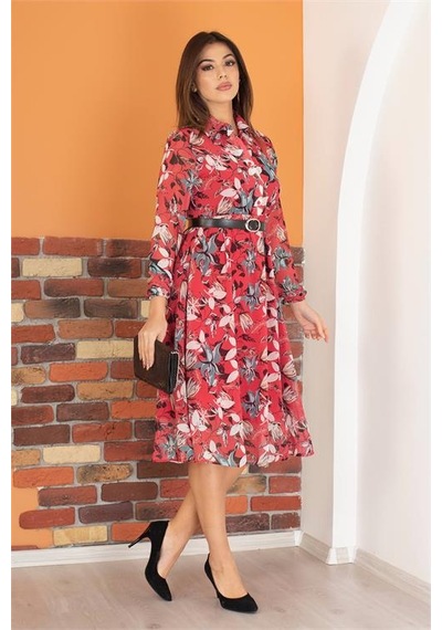 Neşeli Butik Kadın Kırmızı Kemerli Çiçek Desenli Şifon Elbise Ry0031 Bordo