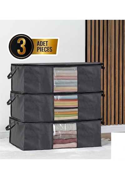 Tr 3'lü Siyah Pencereli Hurç Seti 64x45x22 Cm Bez Kumaş Baza Altı Organizer, Şeffaf Pencereli Hurç, Giysi Ve N Genel