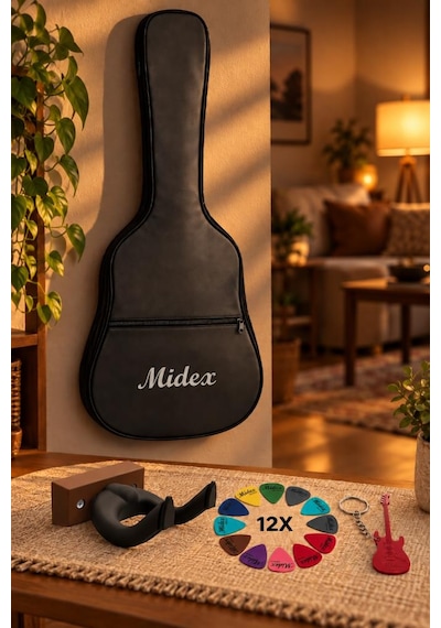 Midex Gk-40k Klasik Gitar Çantası Kaliteli Siyah Kılıf Duvar Askısı Standı + 12 Pena