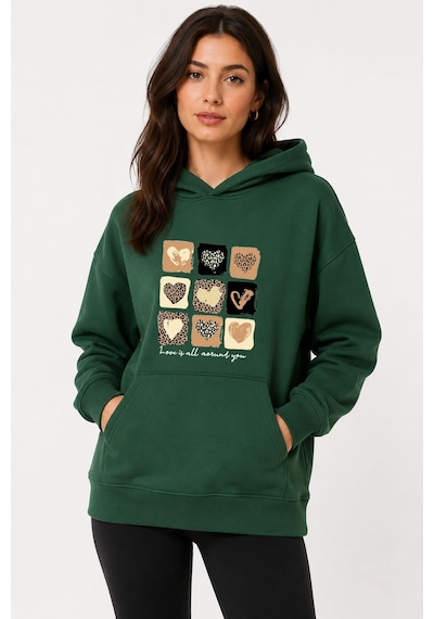 Herkesemoda Küçük Leopar Kalpler Baskılı Kapüşonlu 2 İplik Şardonlu Sweatshirt Yeşil