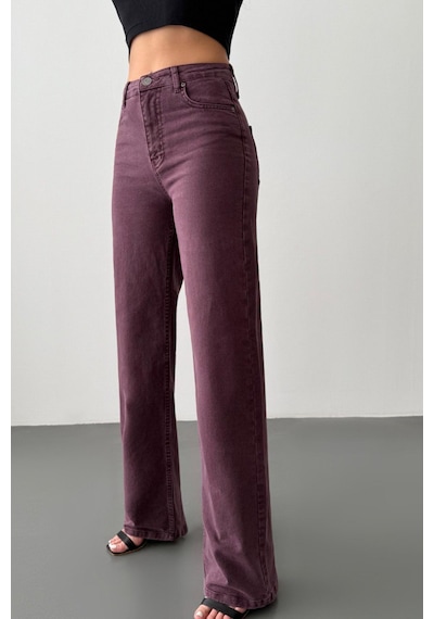 Lacarino 7869 Wide Leg Kadın Gül Baskılı Jean Pantolon Bordo