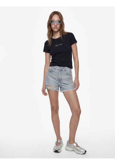 Koton Yüksek Bel Yıpratma Detaylı Taşlı Mini Denim Şort Orta İndigo 6sal40241md