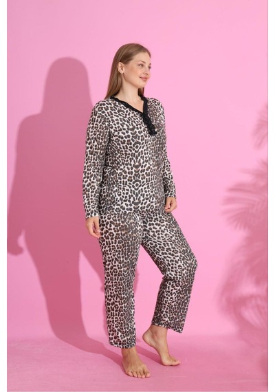 Eyfuze Kadın Büyük Beden Desenli Yakası Düğmeli Uzun Kollu Bambu Pijama Takımı Kahverengi Eyfuze Kadın Büyük Beden Desenli Yakası Düğmeli Uzun Kollu Bambu Pijama Takımı Kahverengi