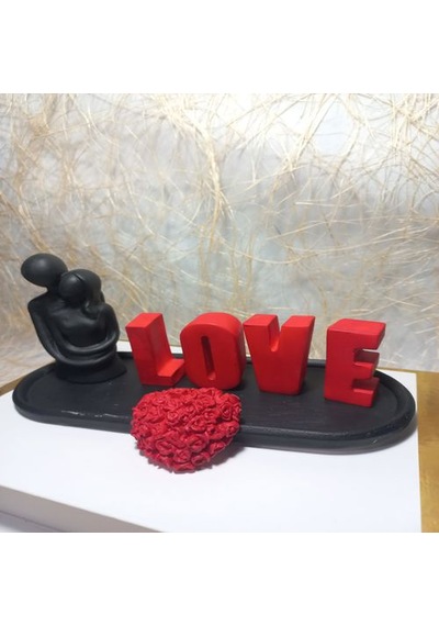 Love Yazılı Kalp Figürlü Sarılan Sevgili Biblo Set Siyah-kırmızı Siyah