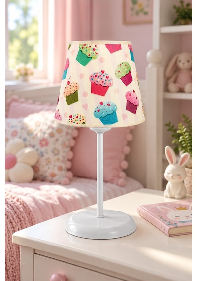Bebek ve Çocuk Odası Konik Kumaş Abajur Masa Lambası Pembe Cupcake
