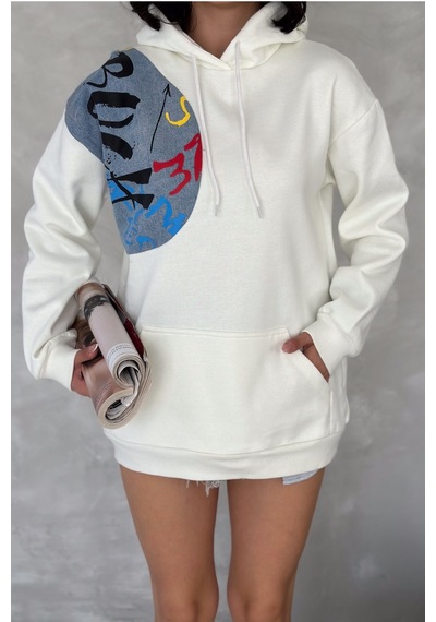 Femelle Kadın Beyaz Kot Detaylı İçi Pamuklu Kapüşonlu Sweatshirt