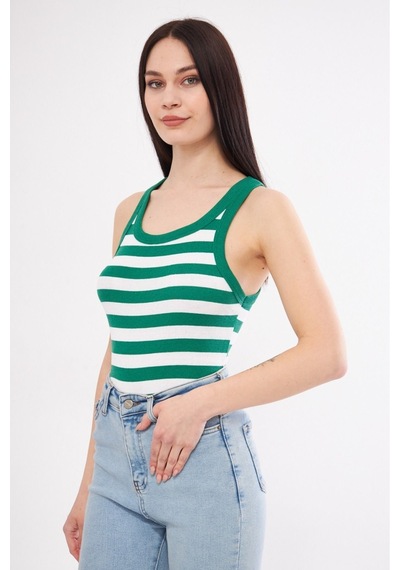 Mea Capio Kadın Çizgili Fitilli T-shirt Halter Yaka Örme Atlet Yeşil - Yeşil