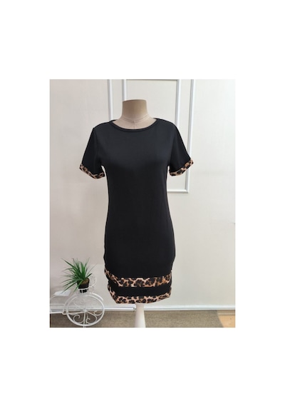 Butik İstanbul Kadın Kısa Kollu Bisiklet Yaka Leopar Şerit Detaylı Kısa Modal Elbise Siyah
