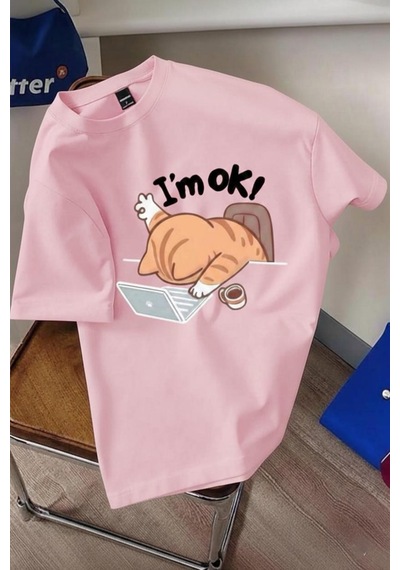 Yorgun Kedi İllüstrasyonlu Unisex Tasarım Tişört Pembe