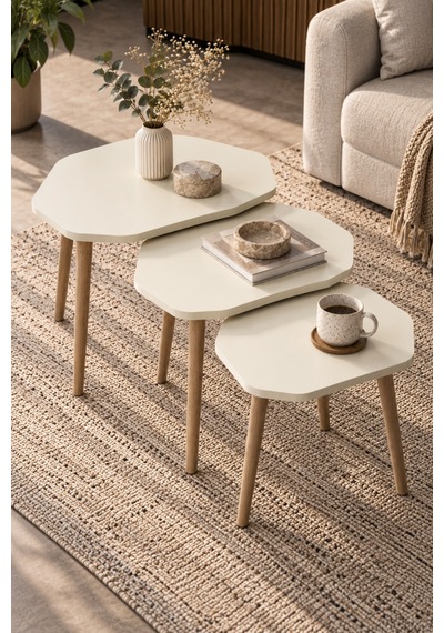 Sulorahome Ekru 3'lü Geometrik Zigon Sehpa Seti