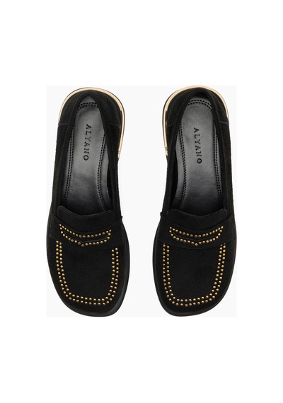 Uluru Siyah Süet Altın Detaylı Zımbalı Kadın Loafer Ayakkabı