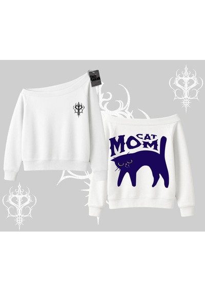 Startmore Cat Mom Yazılı Minimal Kedi Arka Baskılı Kayık Yaka Sweatshirt Beyaz
