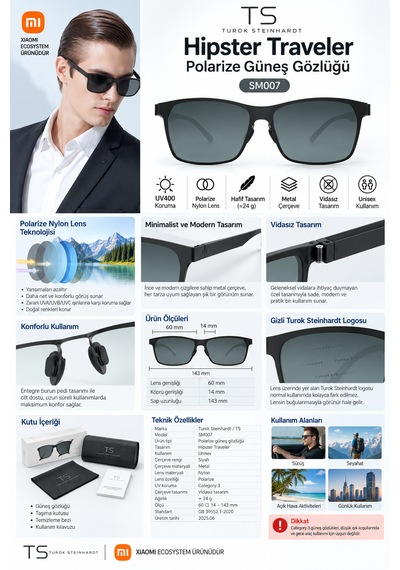Xiaomi Ts Hipster Traveler Polarize Güneş Gözlüğü Nylon Polarize Lens Metal Çerçeve Hafif Kaliteli Siyah Unisex Sm007-0220