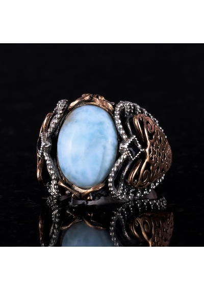 Doğal Larimar Taşlı Yüzük, 925k Saf Gümüş Erkek Yüzüğü, Okyanus Sakinliği Tasarımı Gümüş