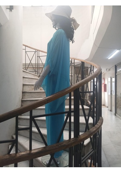 Bohem Stil İtalyan Yarasa Kol İpek Bluz & Pantolon Takım-8767 Turkuaz