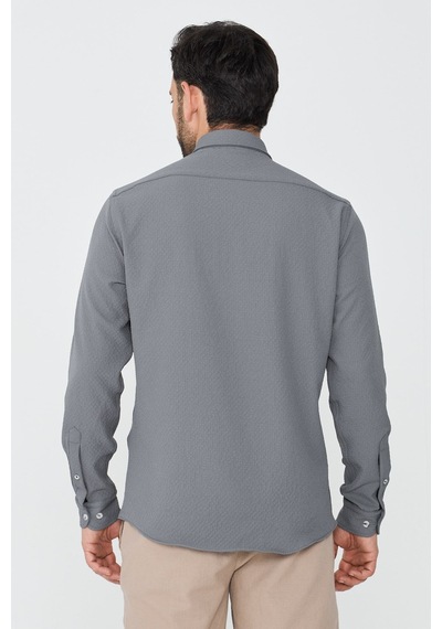 White Stone Gri Mikro Desenli Dynamic Fit Uzun Kollu Gömlek
