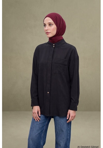 Avenna Dik Yaka Uzun Form Cep Detaylı Tunik 81 Cm Boy Siyah 26kt434