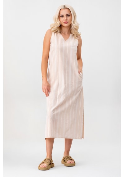 Bold & Young Çizgili Kolsuz Yazlık Elbise Bej