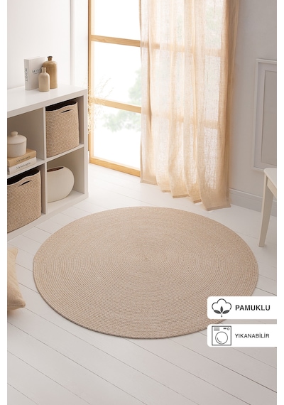 Ocean Home Textile Yıkanabilir Bej Kırçıllı Pamuklu Halı Kilim 120 Cm Çap