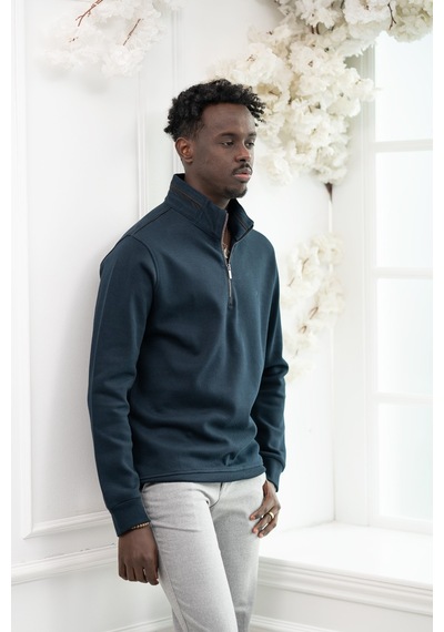 San&Fa Regular Fit Biyeli Fermuarlı Dik Yaka Armürlü Pamuklu Sweatshirt Lacivert