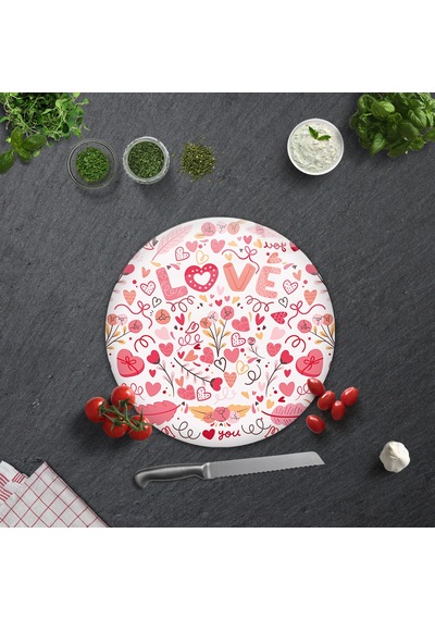 Decorita Cam Kesme Tahtası | Love - Renkli | Çap32cm