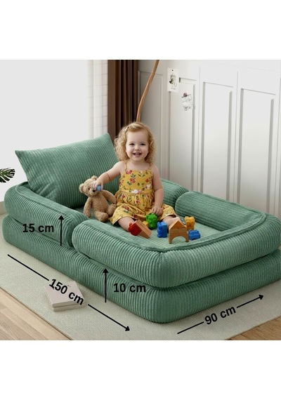 Trend Fitilli Kadife Modüler Çocuk Oyun Minderi ve Yatağı Tamamen Sünger 90 x 150 CM Yeşil