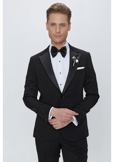 Efor Black 067 Slim Fit Çıkarılabilir Saten Yaka Siyah Damatlık Smokin Takım Siyah