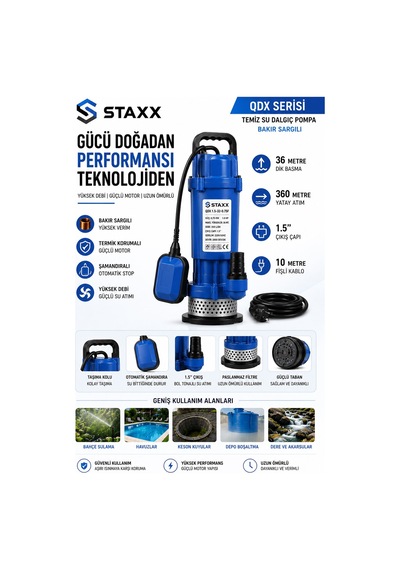 Staxx Qdx2hpm 2hp Dalgıç Su Pompası Bakır Sargılı Şamandıralı 40 Metre Basma 1.5'' Temiz Su Motoru