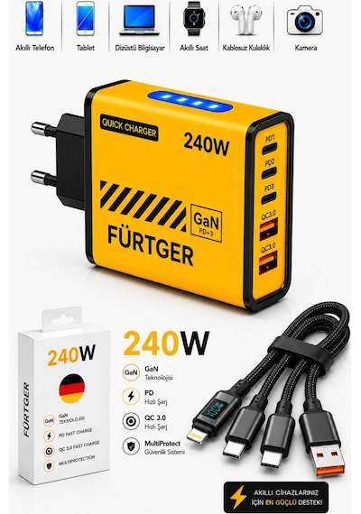 Fürtger German Frt-20w S 3 Type-c + 2 Usb-a Toplam 5 Çıkışlı + 20w Şarj Aleti + 4 Başlıklı Şarj Kablosu