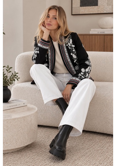 Lima Siyah Kadın Siyah Beyaz Çiçek Nakışlı Ceket Etnik Desenli İşlemeli Şık Blazer Ceket