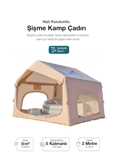 6 Kişilik 4 Mevsim Su Geçirmez Şişme Kamp Çadırı 210d Oxford Kumaş 8 M2 310x245x142 Cm Bej