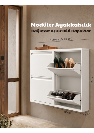 2+2 4'lü Modüler Metal Beyaz Ayakkabılık Bağımsız Açılır Kapak