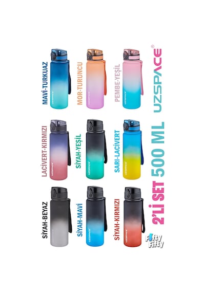 Uzspace 2'li Tritan Matara Seti 500 Ml Çift Renk Softtouch Ff Collection Tritan Su Matarası Mor Turuncu - Pembe Yeşil