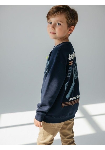 Zekids Erkek Çocuk Pamuklu Stay Yazılı İnce Uzun Kollu Sweatshirt-16334 Lacivert