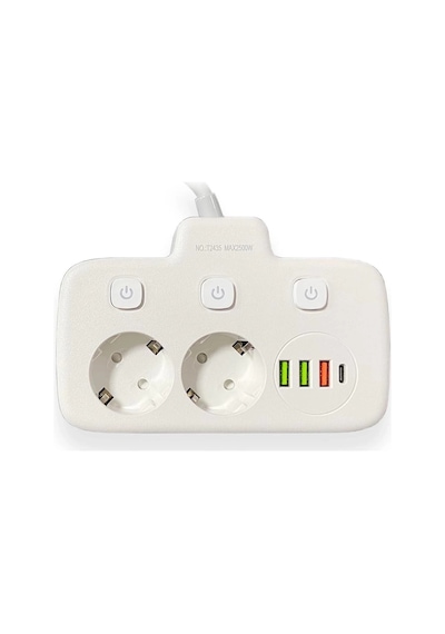 Nm-store Akım Korumalı 2 Li Ayrı Anahtarlı Priz, 2x Priz, 3x Usb, 1x Type-c, 2 Mt Kablo, Hızlı Şarj