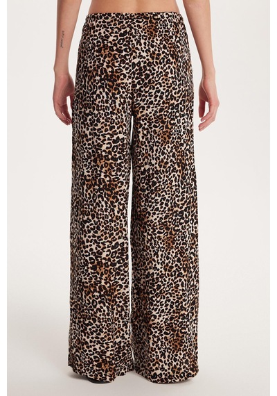 Tudors Kadın Slim Fit Dar Kesim Beli Lastikli Bağlamalı Leopar Desenli Pantolon-34301 Kahve - Taş
