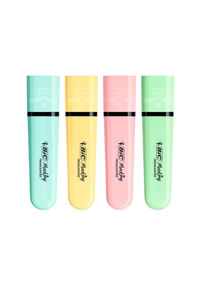 Bıc Marking Flat Higlighter Pastel Fosforlu Kalem 4'lü Blister, 4 Pastel Renk Sarı, Mavi, Pembe, Yeşil , Su Bazlı, Genel