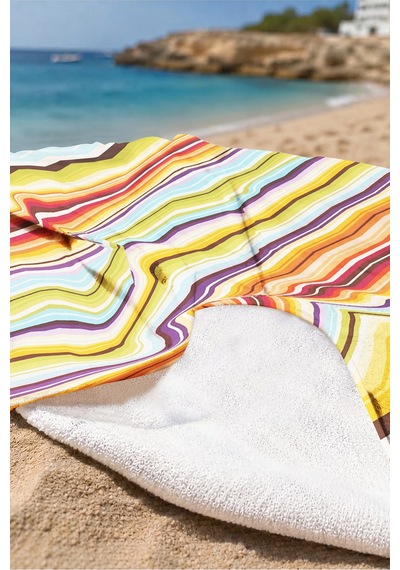 Renkli Geometrik Zigzag Çizgili Plaj Havlusu - Modern Turuncu Mavi Hızlı Kuruyan Mikrofiber Havlu Puslu Şafak