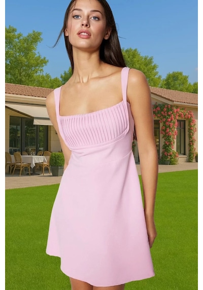 Ersefa A Line Kolsuz Mini Elbise Polyester Elastan Yazlık Şık Abiye Tren Pembe