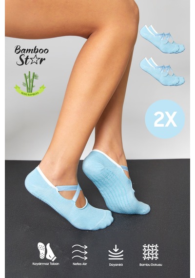 Bamboo Star Bambu Kadın Mavi Kaydırmaz Taban Silikon Baskı Pilates Yoga Fitness Dans Aktivite Babet Çorabı 2'li