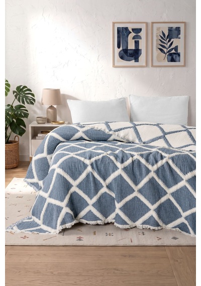 Varol Liora 7 Katlı Müslin Yatak Örtüsü Çift Kişilik Geometrik Desenli 230x250 Cm Mavi