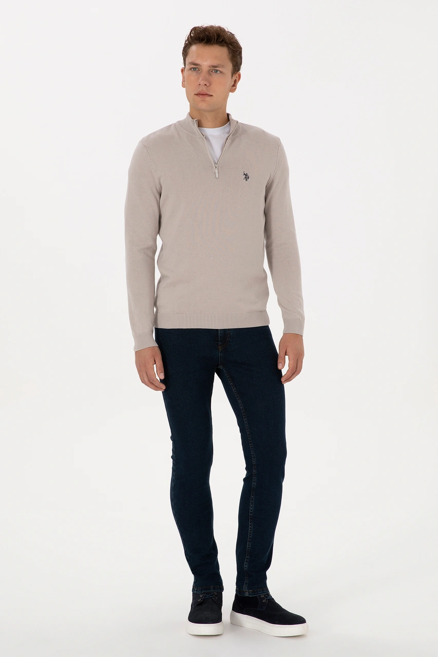 U.S. Polo Assn. Erkek Slim Fit Yarım Fermuarlı Taş Basic Kazak 50313695-VR049