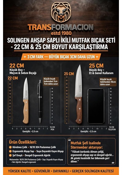 Solingen Paslanmaz Çelik Mutfak Bıçak Seti Meyve Sebze Soyma Ve Et Doğrama İçin Ahşap Saplı 2'li Set Çok Renkli