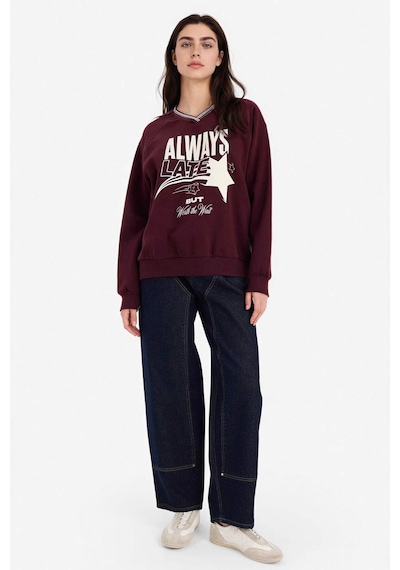 Defacto Oversıze Geniş Kalıp V Yaka Baskılı Kalın Kumaş Sweatshirt G9598ax26spbr171 Bordo-br171
