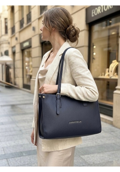 Just Polo Kadın Yeni Sezon Yumuşak Deri Büyük Boy Fermuarlı Lüks Tasarım El Çantası Shopper Lacivert