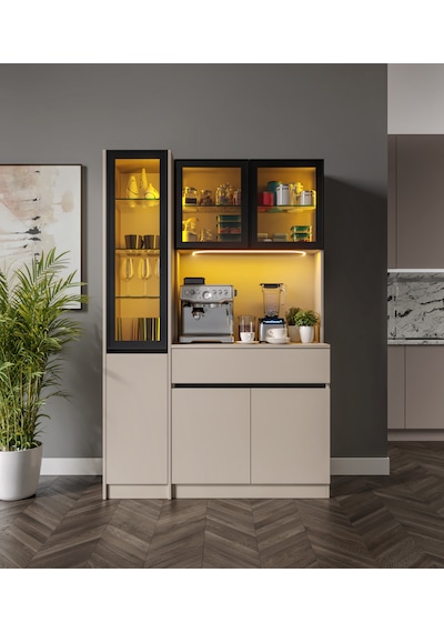 Viona Kum Beji Midi Sol Vitrinli Komple Mdf Led Aydınlatmalı Kahve Köşesi Bej