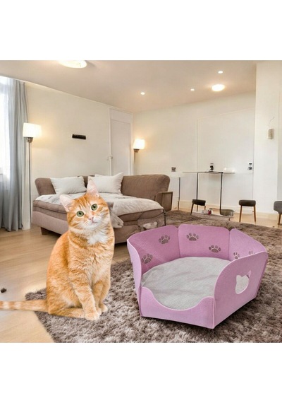 Kedi Yatağı Yuvası Evi Minderli Taşınabilir 3 Mm Keçe Altıgen Tasarım Yuva+minder Pembe