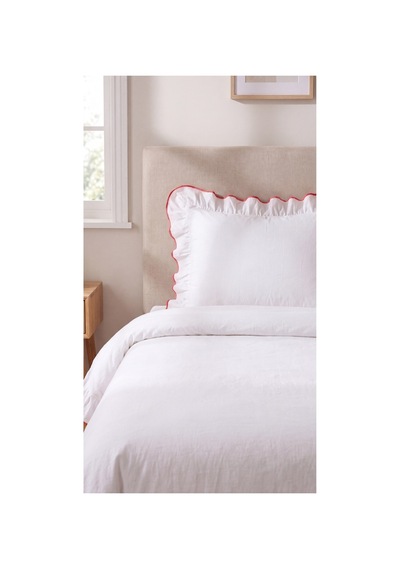 %100 Pamuk Overloklu Fırfırlı Tek Kişilik Nevresim Takımı Lastikli Çarşaflı 160x200 Cm Kırmızı - 904799828 Kırmızı