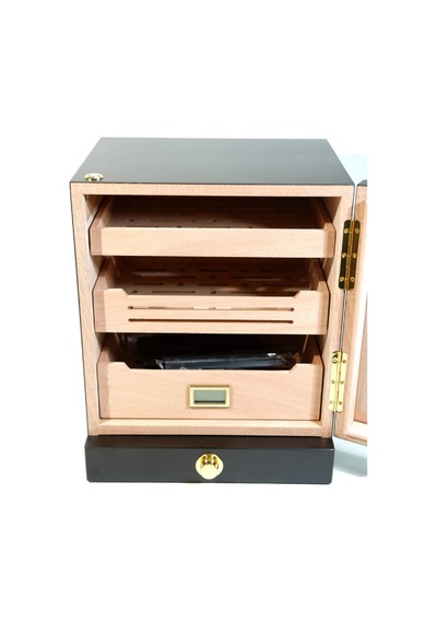 Premiumquality Las Condes Aksesuar Çekmeceli İçi Ledli Siyah Sedir Humidor Puro Kutusu - Tr9827